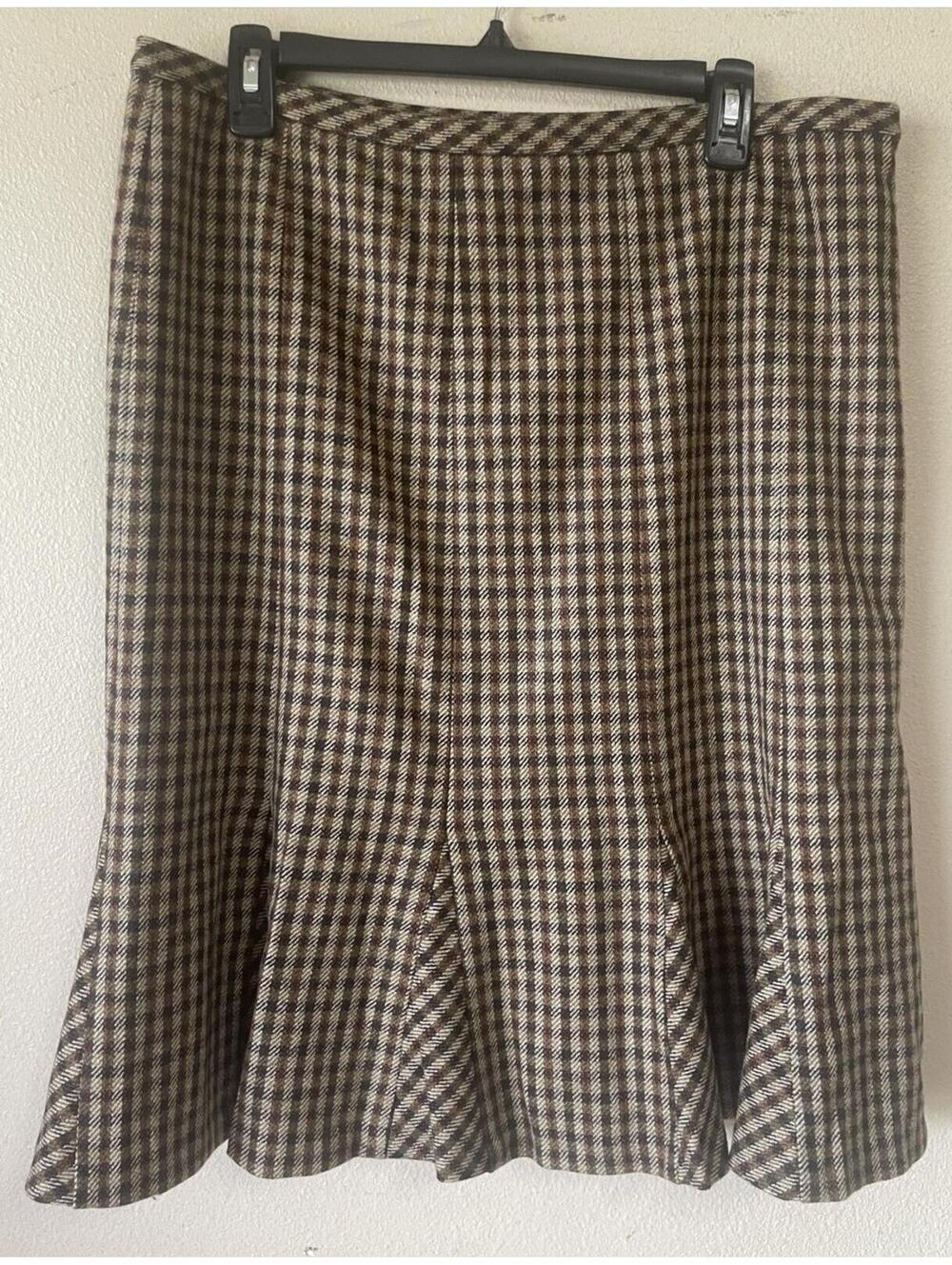 Talbots Petite Wool Skirt Brown Checkered Below Knee  14P